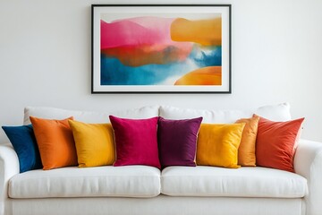 english interior design of modern living room, home. Colorful vibrant pillows on white sofa against wall with art poster frame