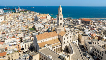 Aerial view of the Basilica of Saint Sabinus and Pontifical Basilica of Saint Nicholas located in Bari, Puglia, Italy. They're located in the historic center of the city called Old Bari, near seaside.