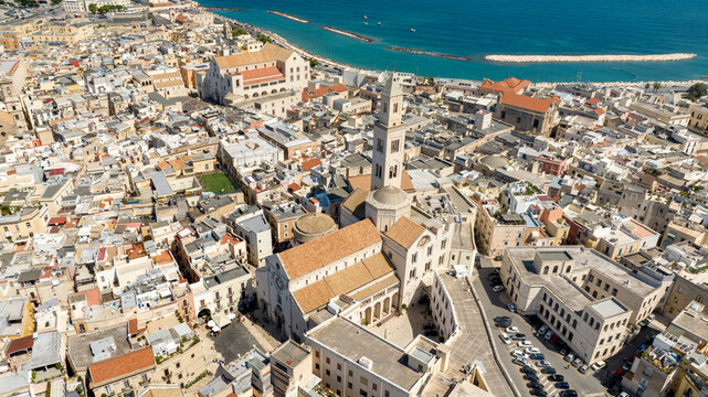 Aerial view of the Basilica of Saint Sabinus and Pontifical Basilica of Saint Nicholas located in Bari, Puglia, Italy. They're located in the historic center of the city called Old Bari, near seaside.