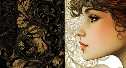 36. **Art Nouveau face portrait with flowing lines, ornate patterns, and elegant curves**
