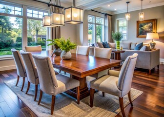 Fototapeta premium Close-up of a dining room table and chairs with nearby furniture in a cozy and inviting atmosphere