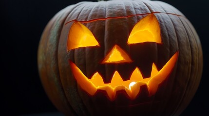 Fototapeta premium Close-up of a carved pumpkin with a glowing face, ultra-sharp focus, solid black background