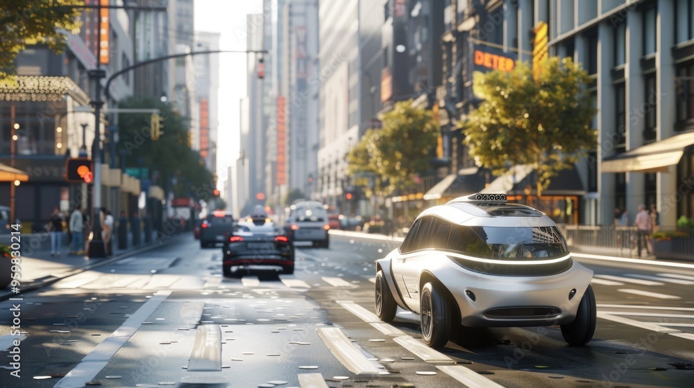 Poster autonomous vehicles. 3d rendering of a self-driving car navigating a cityscape, symbolizing ai advan