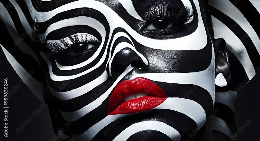 Poster 37. **bold graphic face art with high-contrast black and white patterns and sharp lines**