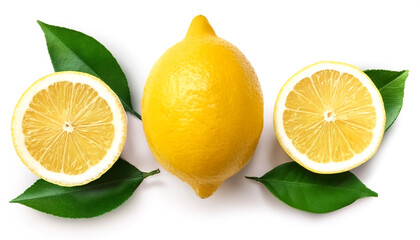 Whole and half sliced lemon with green leaves isolated on white background