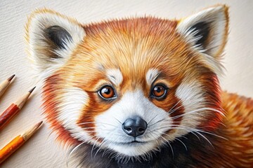 Obraz premium Close-up of a vibrant red panda drawing on off-white paper with visible brushstrokes and pencil lines.