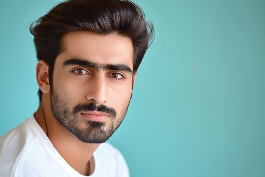 A studio close-up portrait of a young Indian or Pakistani man wearing a casual t-shirt, with a colourful background.