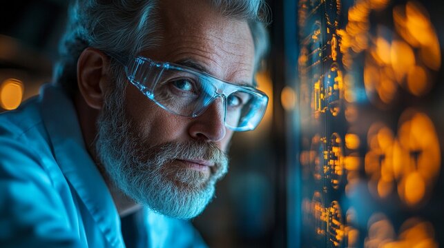 Focused Scientist in Lab: A close-up portrait of a senior scientist in a lab setting, his intense gaze and determined expression hinting at the groundbreaking work he's conducting. The image evokes 