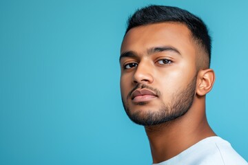 Obraz premium A studio close-up portrait of a young Indian or Pakistani man wearing a casual t-shirt, with a colourful background.