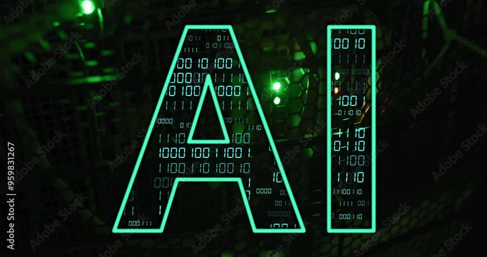 Poster AI text with binary code animation over dark technological background