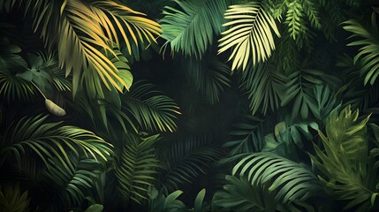 Fototapeta premium Lush tropical jungle with dense green foliage and exotic leaves on a dark background