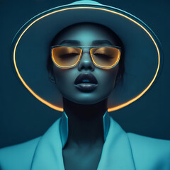Portrait of female fashion model wearing futuristic hat and glasses glowing neon on dark studio -dark blue background © Majce