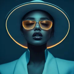 Portrait of female fashion model wearing futuristic hat and glasses glowing neon on dark studio -dark blue background © Majce
