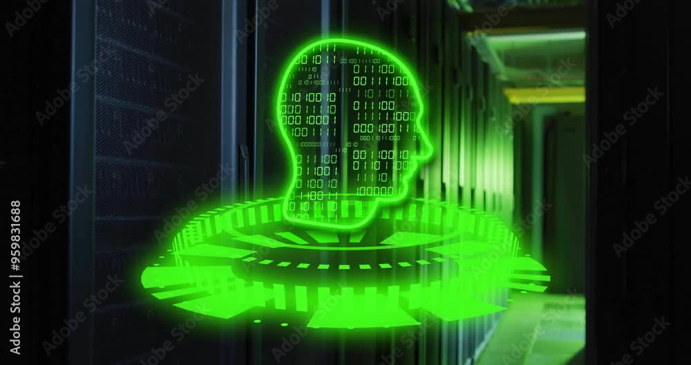 Poster binary code human head animation over data servers in corridor