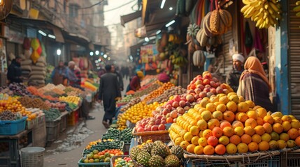 Obraz premium A busy market with a lot of fruit on display