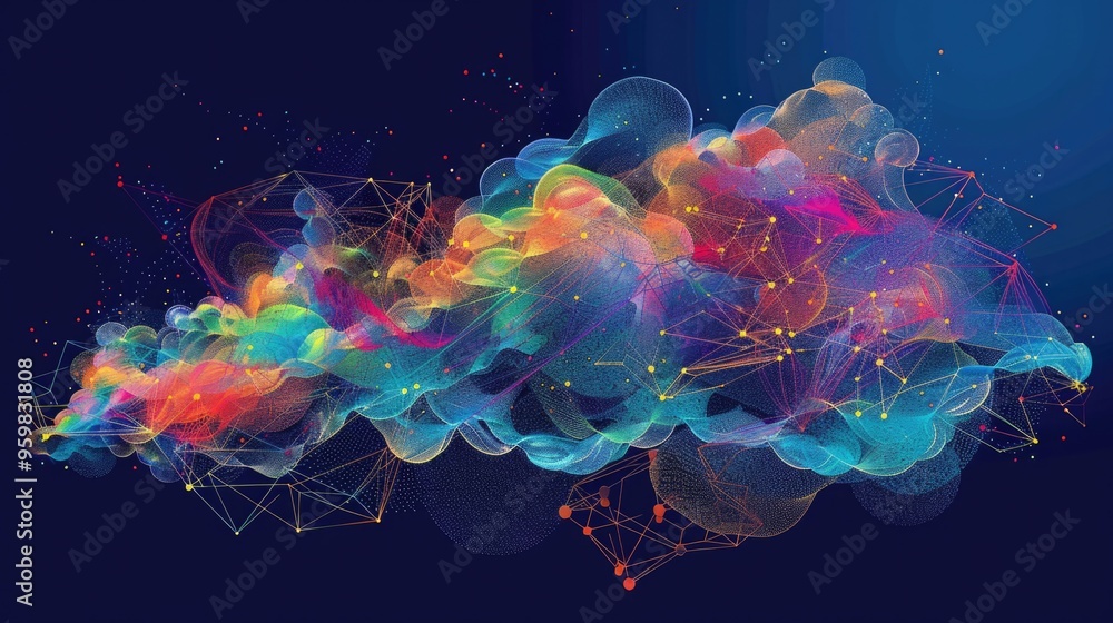 Poster cloud network with interconnected cables representing the complex web of connections and data transf