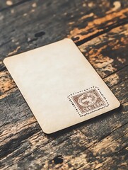Vintage postcard with a stamp on a wooden surface.