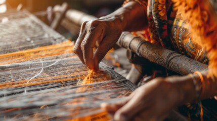 Hands weave intricate patterns on a loom, showcasing the artistry and skill involved in traditional textile creation.