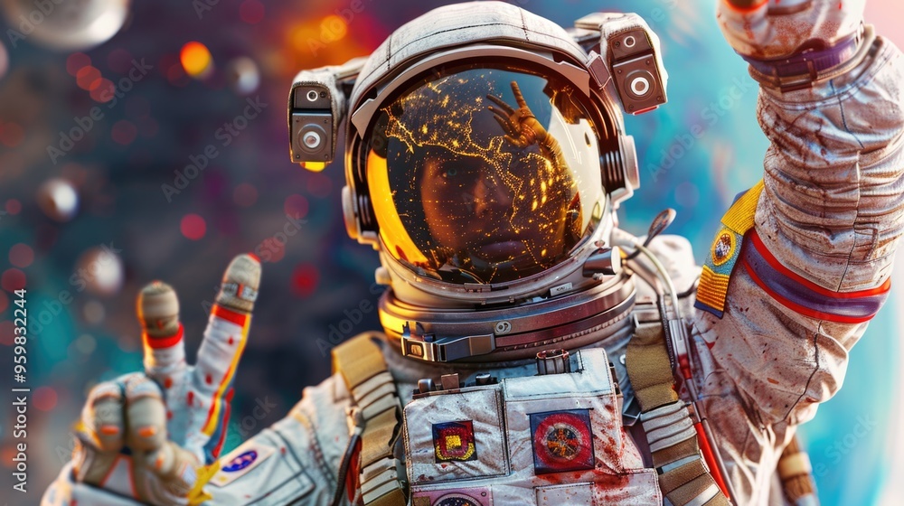 Poster close-up of an astronaut in a space suit, conveying a message of unity and harmony in space explorat