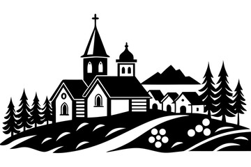 Village with church. Continuous one line art drawing style. Landscape of small country. Black linear sketch isolated on white background. Vector illustration