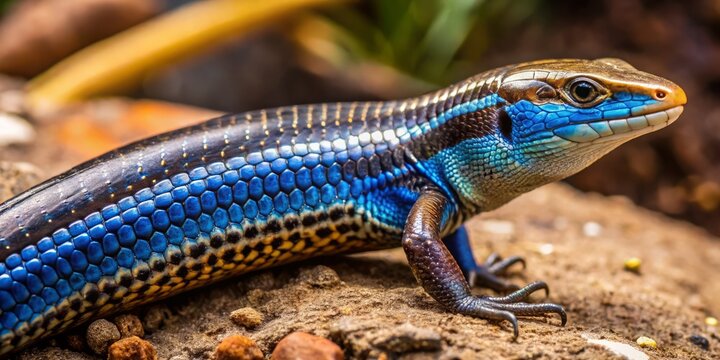 Close-up photograph of a blue-tailed skink with intricate scales and a shiny tail