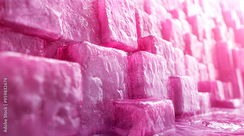 Poster a close-up view of vibrant pink ice cubes stacked against a textured backdrop in a playful arrangeme
