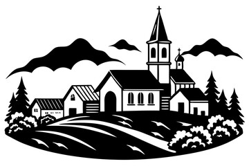 Naklejka premium Village with church. Continuous one line art drawing style. Landscape of small country. Black linear sketch isolated on white background. Vector illustration