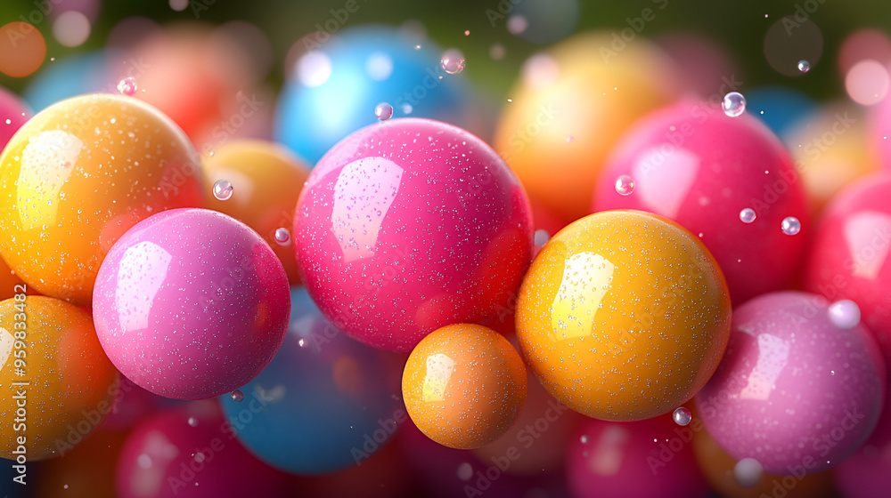 Poster colorful spherical shapes floating in a whimsical arrangement with a sparkling background during a s