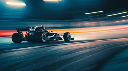 An F1 car roars down the illuminated racetrack under the night sky, capturing the sheer speed and exhilaration of high-stakes racing.