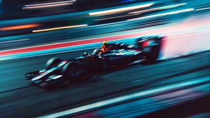 Fototapeta premium A sleek race car speeds past in a flurry of lights and smoke on a nighttime track, highlighting the raw power and excitement of motorsport.
