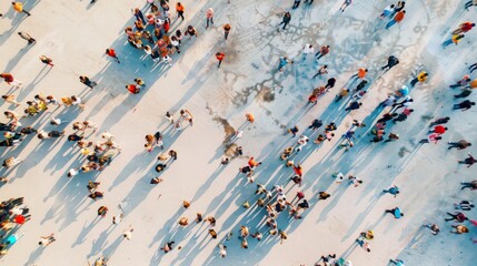 A drone captures a bustling crowd from above, showing people mingling and forming patterns on the concrete surface below.
