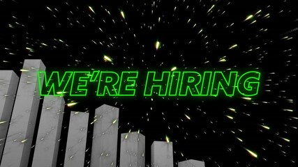 We're hiring text animation over bar graph and starburst background