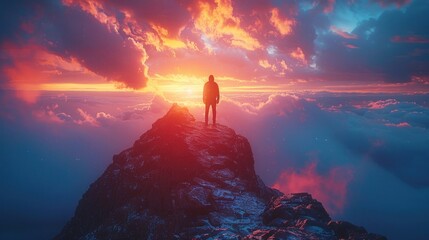Fototapeta premium A man stands on a mountain peak with a sunset in the background