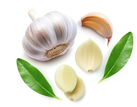 Garlic cloves with slices and green leaves isolated on white background