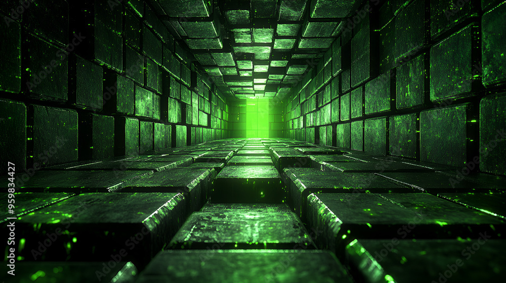 Aufkleber a green-lit tunnel made of textured bricks leads to a glowing exit, creating a sense of depth and my