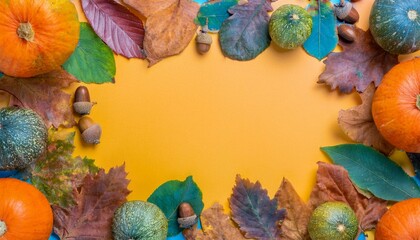 Pumpkin, fallen leaves and acorns frame