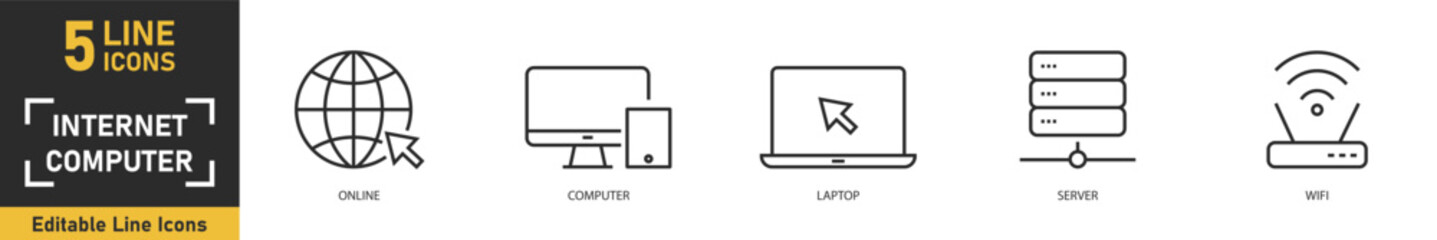 Internet and Computer line icon set. Set of 5 outline icons related to online, computer, laptop, server, wifi and more. Vector illustration.