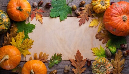 Pumpkin, fallen leaves and acorns frame