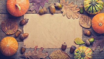 Pumpkin, fallen leaves and acorns frame