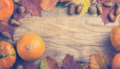 Pumpkin, fallen leaves and acorns frame