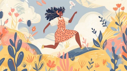 Cheerful girl running through a meadow, dressed in a dotted print sarafan, isolated on a whimsical, illustrated background.
