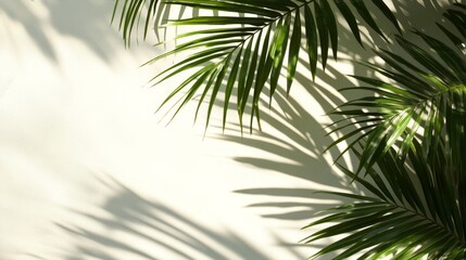 Naklejka premium A serene composition of palm leaves casting delicate shadows against a light wall, evoking a tropical ambiance.