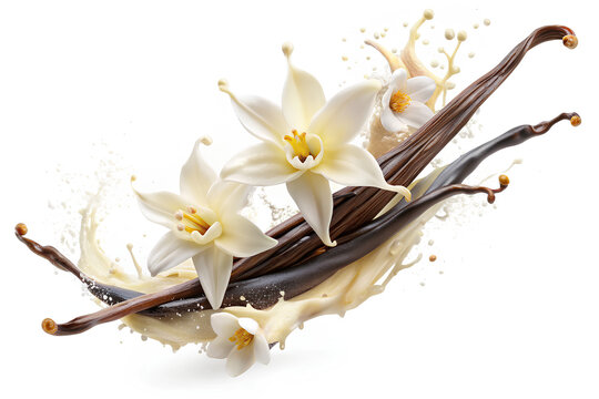 Flying Milk splash and pouring Dried vanilla sticks with vanilla flowers isolated on white background. clipping path