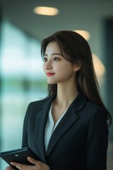 Fototapeta premium Happy young Korean professional business woman using tab standing in office. businesswoman manager female executive leader holding tab at work looking away dreaming of future successful career.
