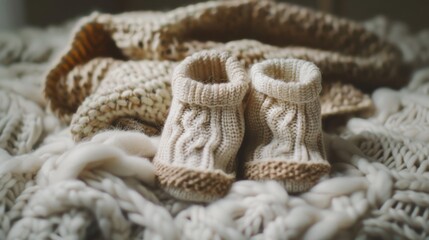 Fototapeta premium Small knitted baby booties resting on a cozy, textured blanket, creating a homely and nurturing atmosphere.