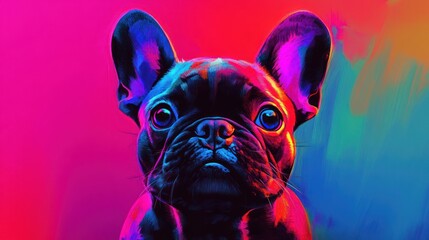 A vibrant digital illustration of a French Bulldog featuring striking neon colors and an expressive...