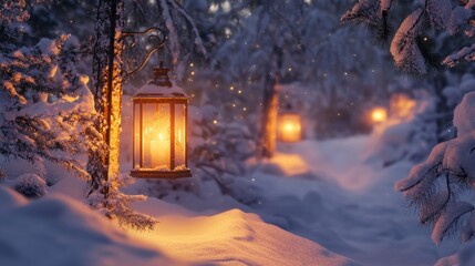 A serene winter scene featuring glowing lanterns nestled among snow-covered trees, casting a warm light on a snowy path.