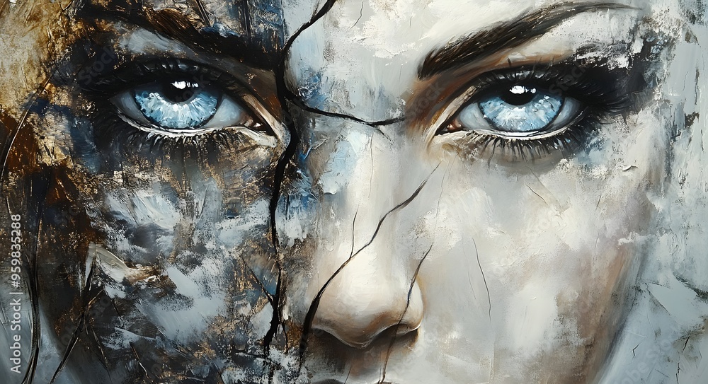 Poster 16. **abstract face art with layered, translucent shapes and complex textures creating depth**