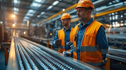 Industrial Workers Inspecting Production Line: Two skilled industrial workers, clad in high-visibility vests and hard hats, meticulously inspect a production line in a modern factory setting. The imag