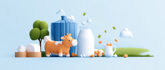 A vibrant, playful scene featuring a cow, milk bottle, and dairy products against a soft blue background.